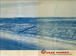 A color drawing shows a commercial jet taking off from a blue and white beach town. Text on the cover says Ocean Shores a planned resort community. 